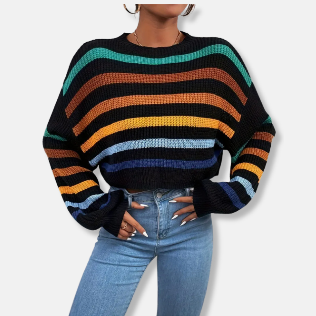 Women's Knit Sweater – Oversize Fit – Crew Neck – Striped Design – Long-Sleeved Casual