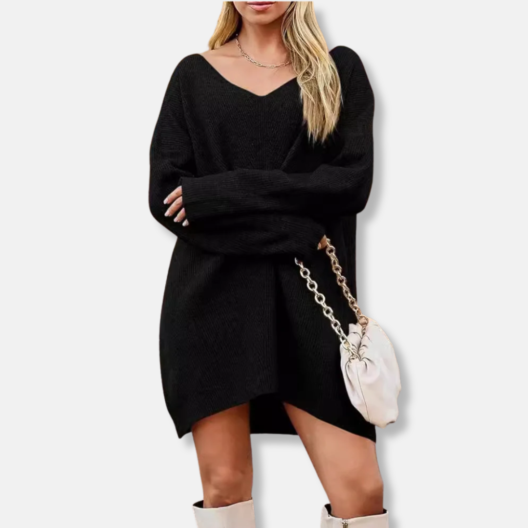 Women’s Dress - Ribbed Knit - V-Neck - Long Sleeves - Mini Length