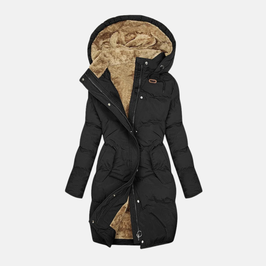 Women’s Long Puffer Coat – Quilted Design – Plush Lined Hood – Adjustable Waist