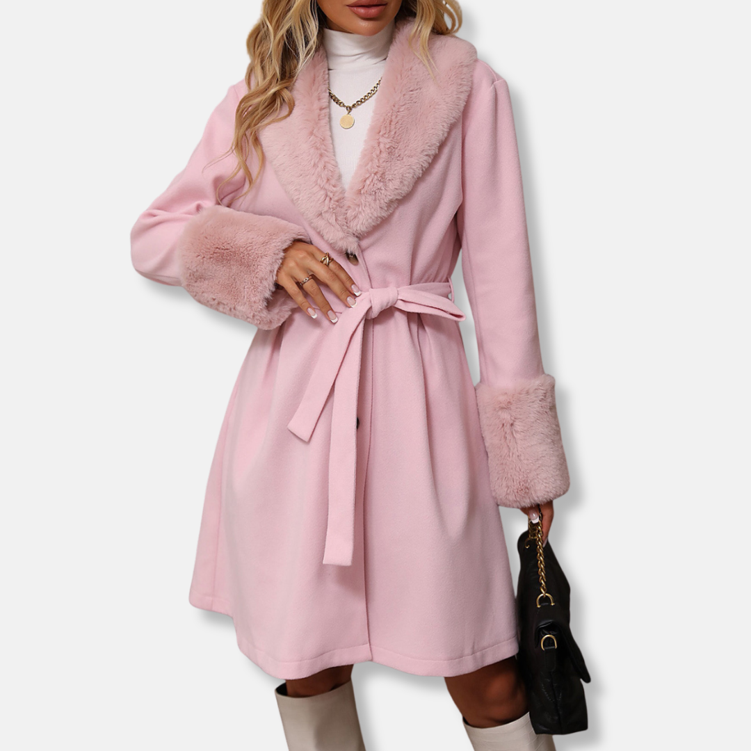 Women’s Trench Coat – Tailored Fit – Fur Collar & Cuffs – Mid-Length Belted Style