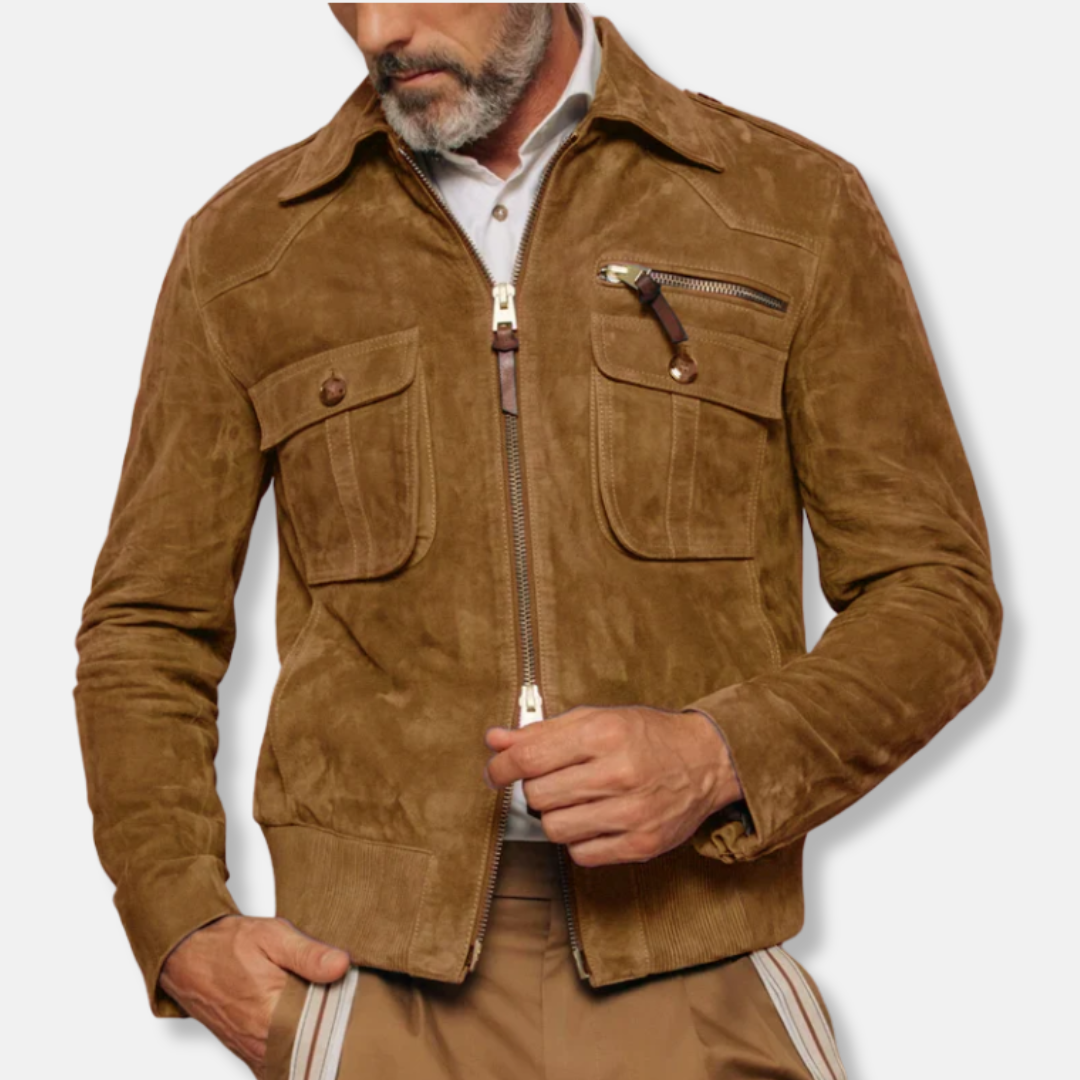 Men's Suede Texture Bomber Jacket Slim Fit With Two Way Zipper Chest Pockets Nordisk Flair