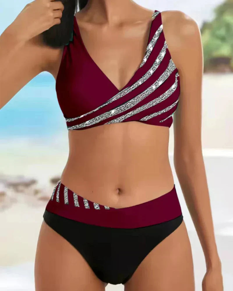 Women’s Bikini Set – Wrap Top – High Waist – Stretch Nylon Blend – Stripe Print