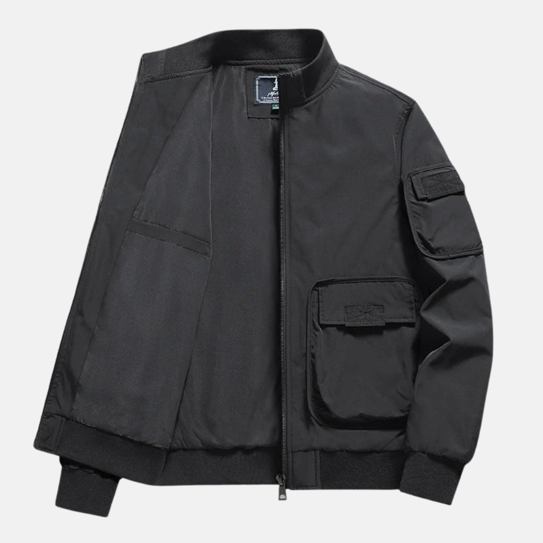 Men's Navy Bomber Jacket With Relaxed Fit, Wind-Resistant, Full Zip, Patch Pockets By TrendAura