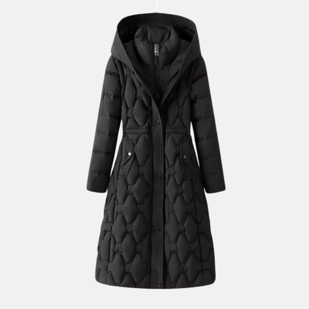 Women’s Long Quilted Jacket – Fitted Waist – Hooded – Snap Closure – Padded Insulation