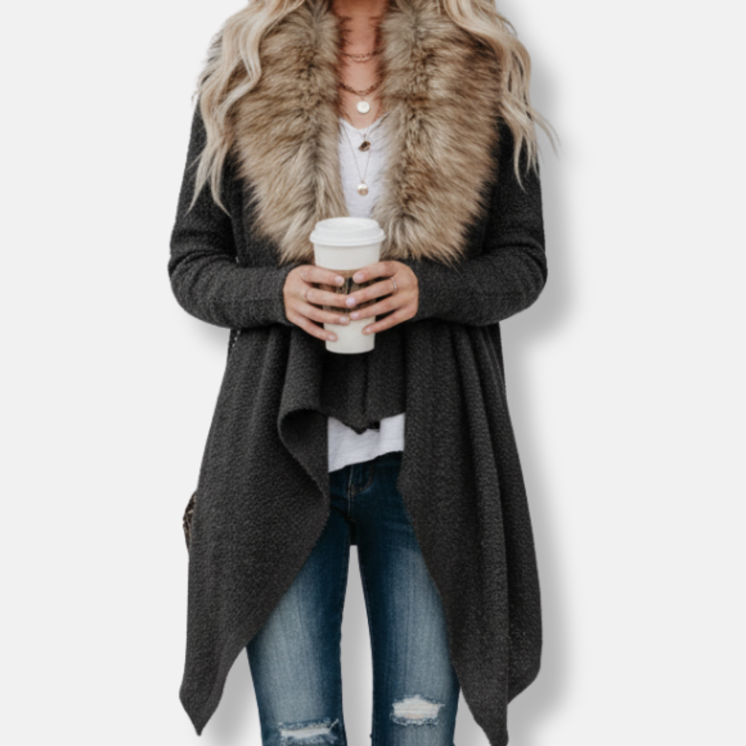 Women’s Cardigan Jacket – Knit Blend – Faux Fur Collar – Open Front – Relaxed Fit