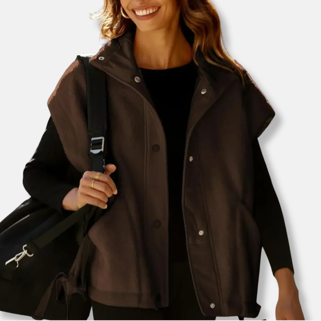 Women’s Vest - Plush Fleece Knit - Oversized Relaxed Fit - Stand-Up Collar - Snap Button Closure