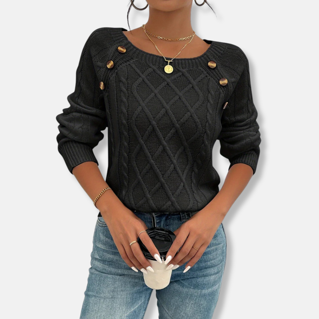 Women’s Knit Top – Relaxed Fit – Cable Knit – Dropped Shoulder – Button Accent – Ribbed Cuffs