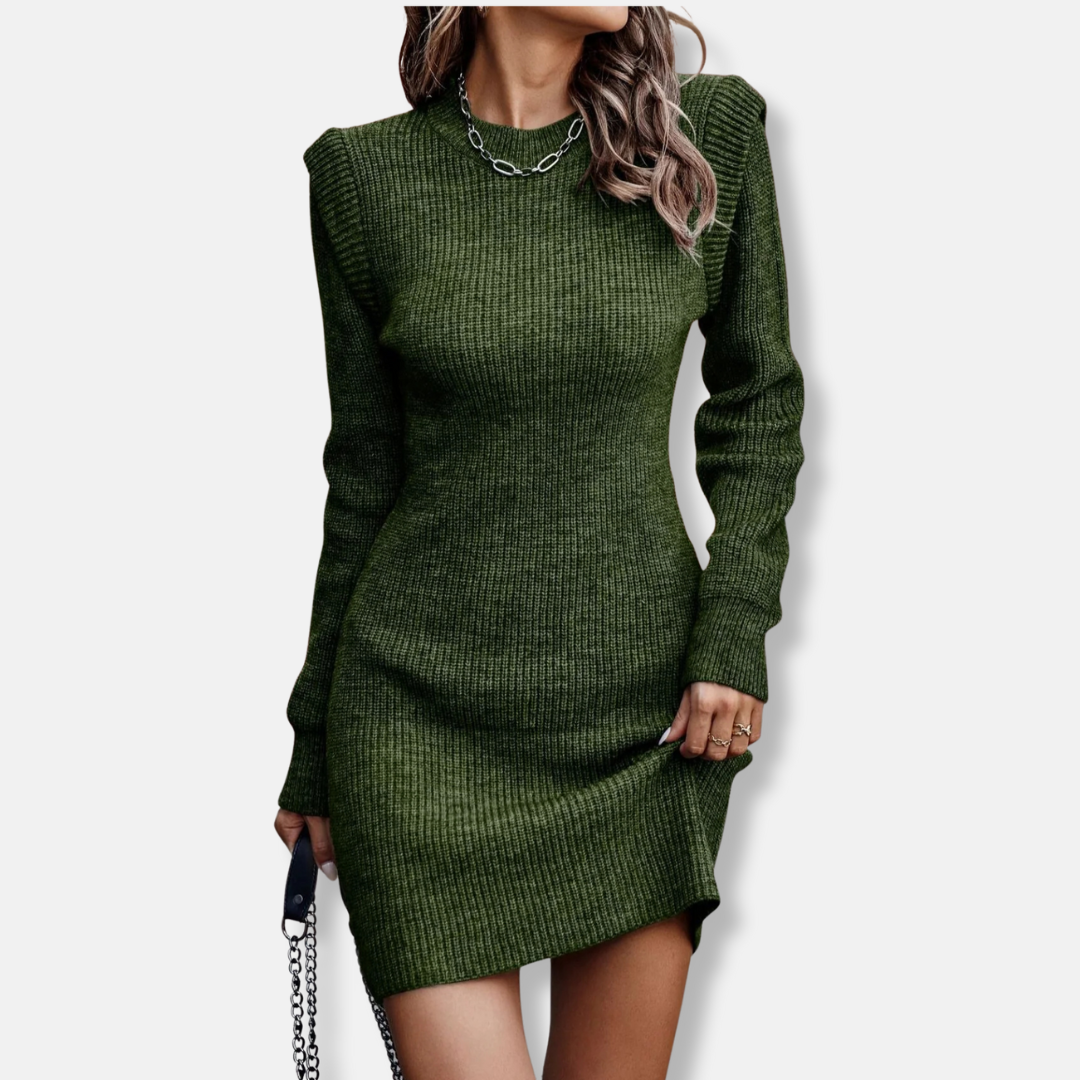 Women’s Dress - Ribbed Knit - Slim Fit - Long Sleeve Puff Shoulders - Mini Length