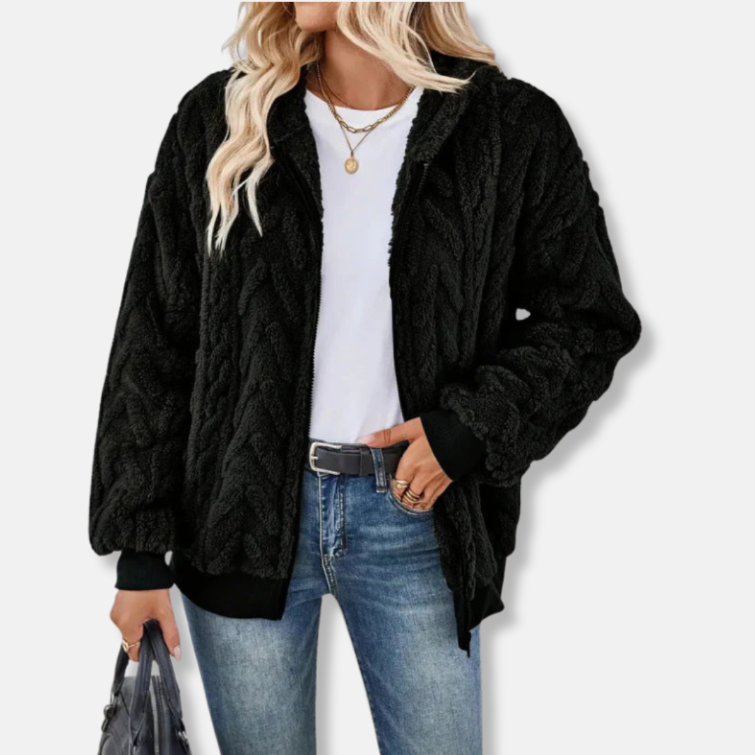 Women’s Hooded Jacket - Plush Knit - Oversized Relaxed Fit - Full-Zip - Ribbed Cuffs
