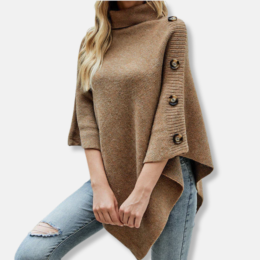 Women’s Poncho – Knitted Fabric – High Neck – Oversized Fit – Asymmetrical Hem