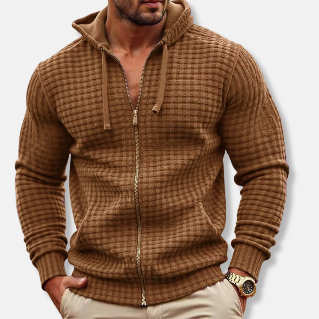 Men's Hooded Sweatshirt Zip Front Cotton Blend Regular Fit With Textured Grid Pattern For Everyday Style