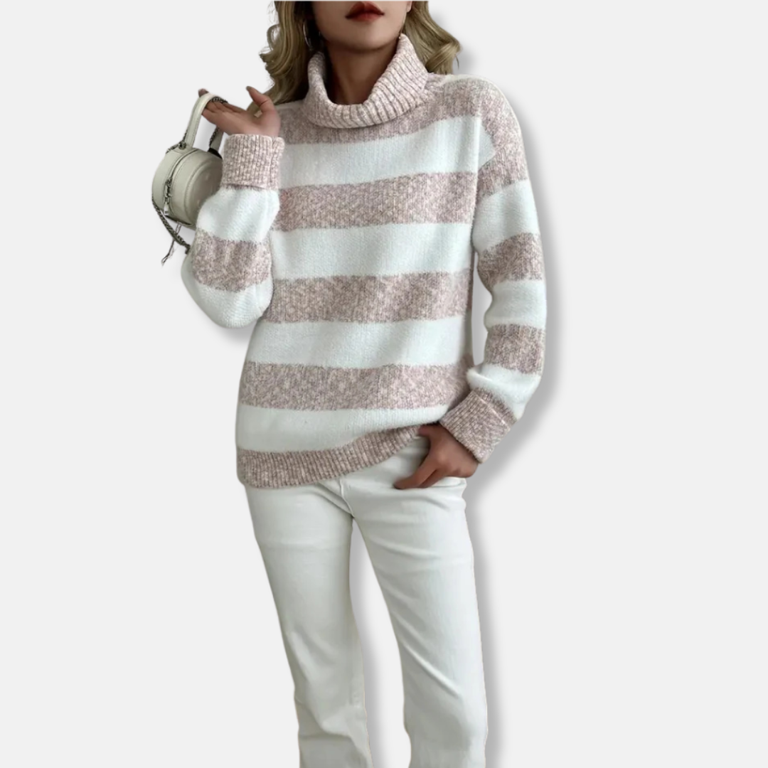 Women’s Pullover Sweatshirt – Plush Knit – Loose Fit – Ribbed Turtleneck – Striped Texture