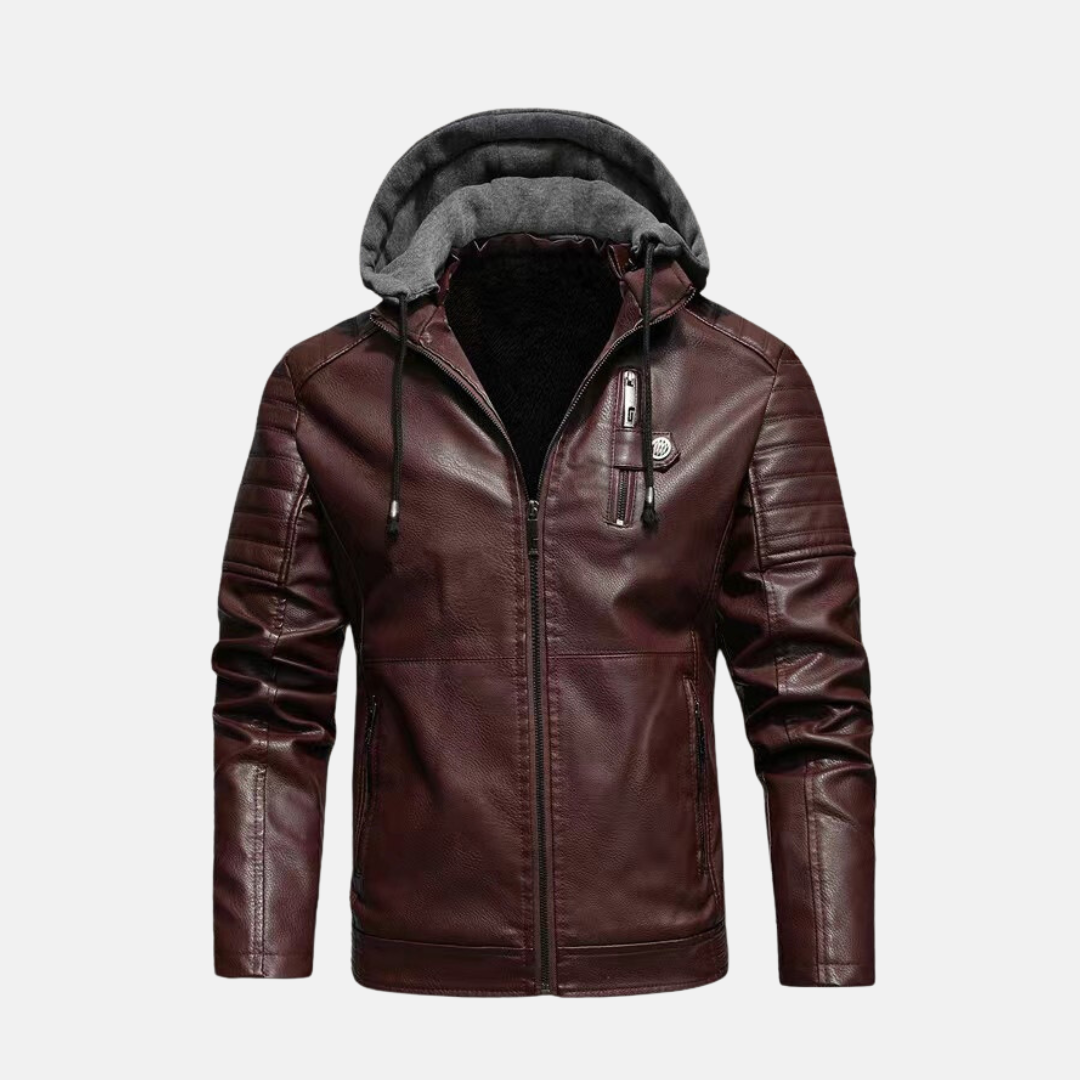 Men's Leather Jacket Slim Fit With Plush Lined Hoodie Quilted Shoulders Zipper Closure