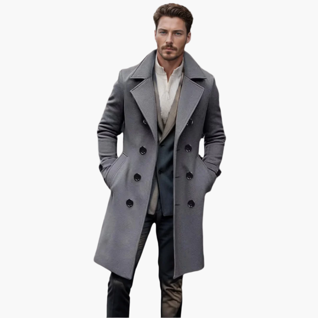 Mens Double Breasted Long Coat Elegant Modern Design For Professionals Premium Quality Outerwear Versatile Wardrobe Essential