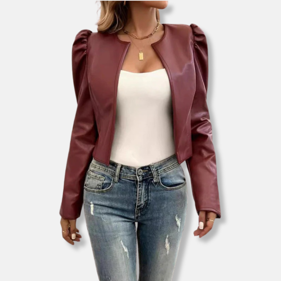 Women’s Jacket - Faux Leather - Cropped Length - Puff Sleeve - Collarless Open Front