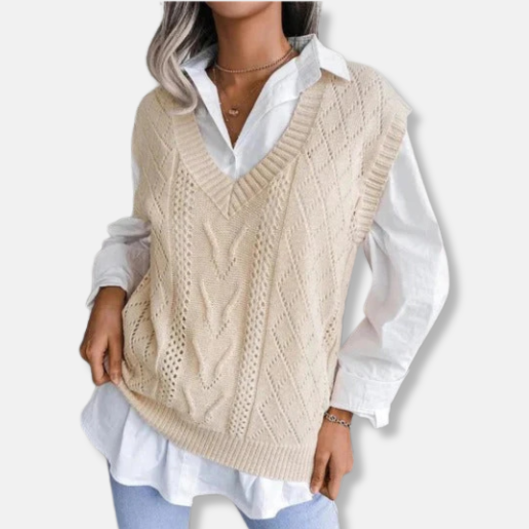 Women’s Knitted Vest – Relaxed Fit – Cable Knit – V-Neck – Soft Cotton Blend – Casual Layering
