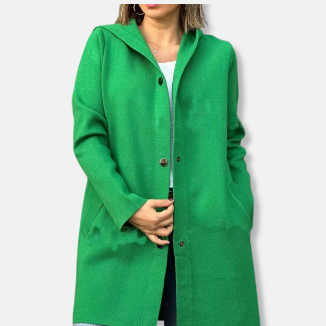 Women’s Coat - Wool - Hooded Neckline - Snap Button Closure - Mid-Thigh Length