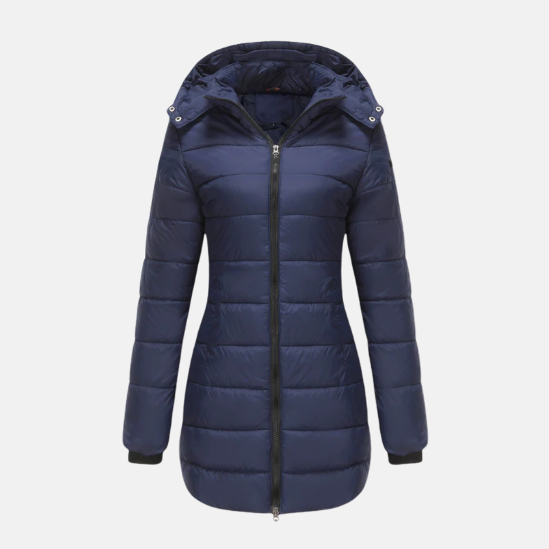 Women’s Longline Padded Coat – Quilted Insulated – Two-Way Zipper – Hooded Warm Fit