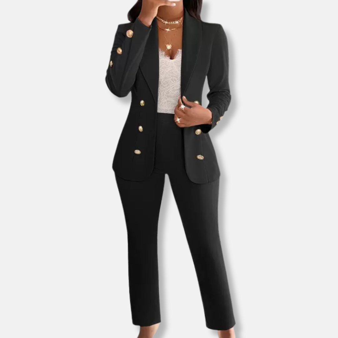 Women’s Two-Piece Pants Set – Slim Fit Double-Breasted Blazer – Shawl Collar – Straight Leg Trousers