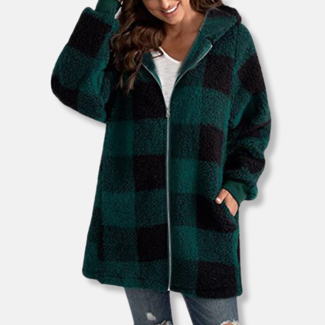 Women’s Hooded Jacket – Oversized Fit – Soft Knit – Full Zip – Long Length – Check Pattern