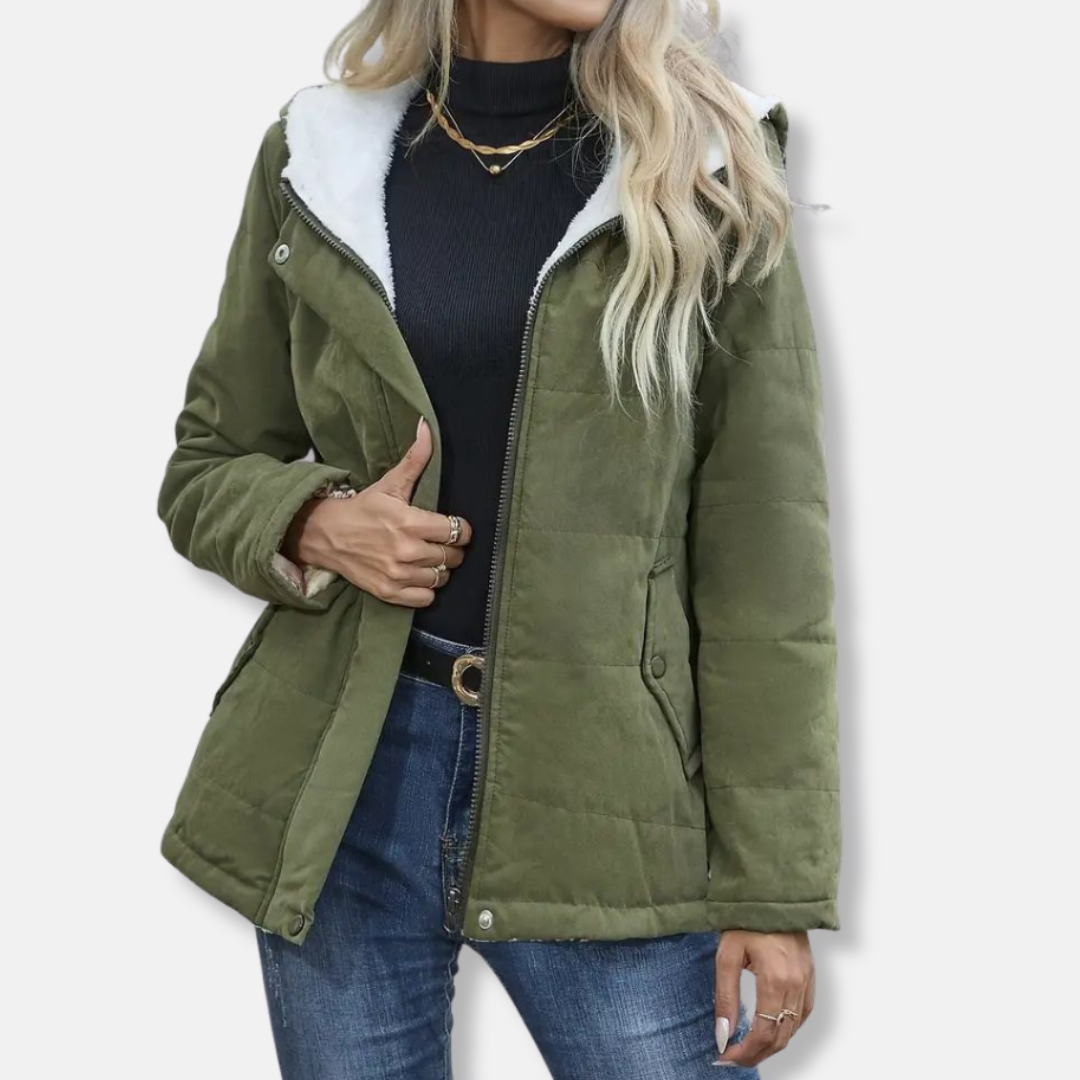 Women’s Short Coat – Quilted Insulation – Plush Fleece Lining – Hooded – Full Zip