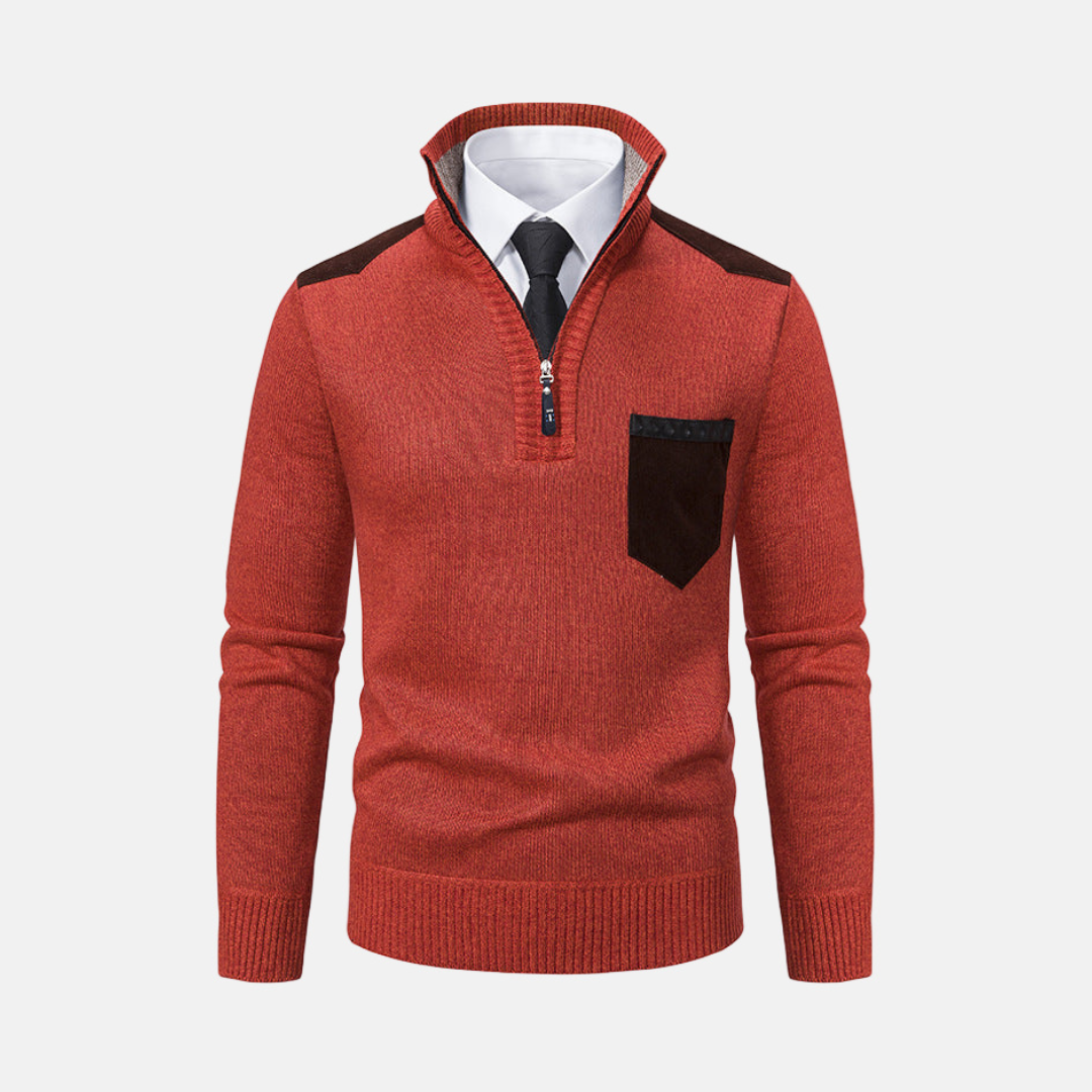 Mens Knit Blend Pullover Sweater With Stand Collar And Quarter Zip For Smart Casual Wear
