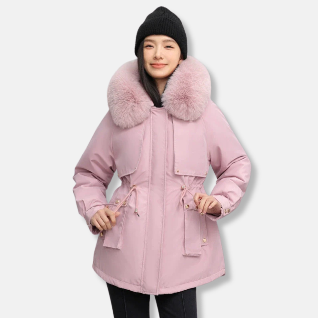 Women’s Parka Jacket – Weather-Resistant – Drawstring Waist – Faux Fur Collar – Mid-Thigh