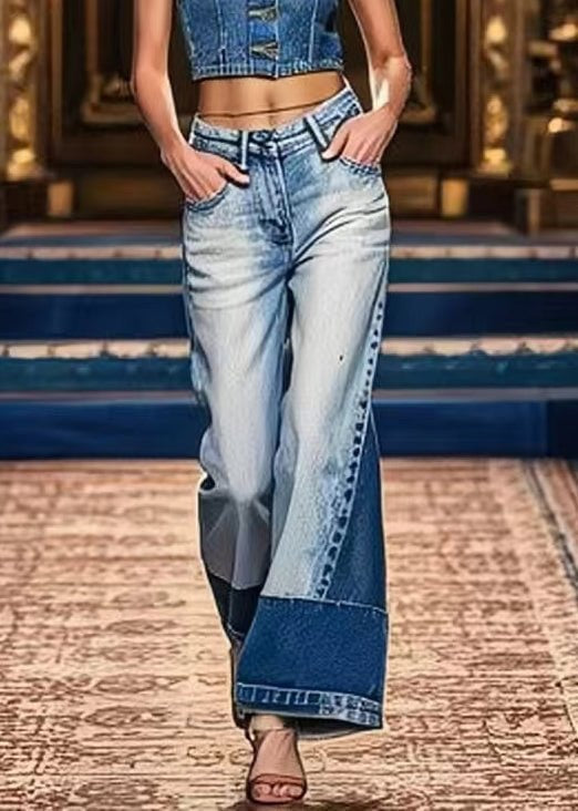 Art Denim bleu poches taille haute Patchwork pantalon court été - TrendAura