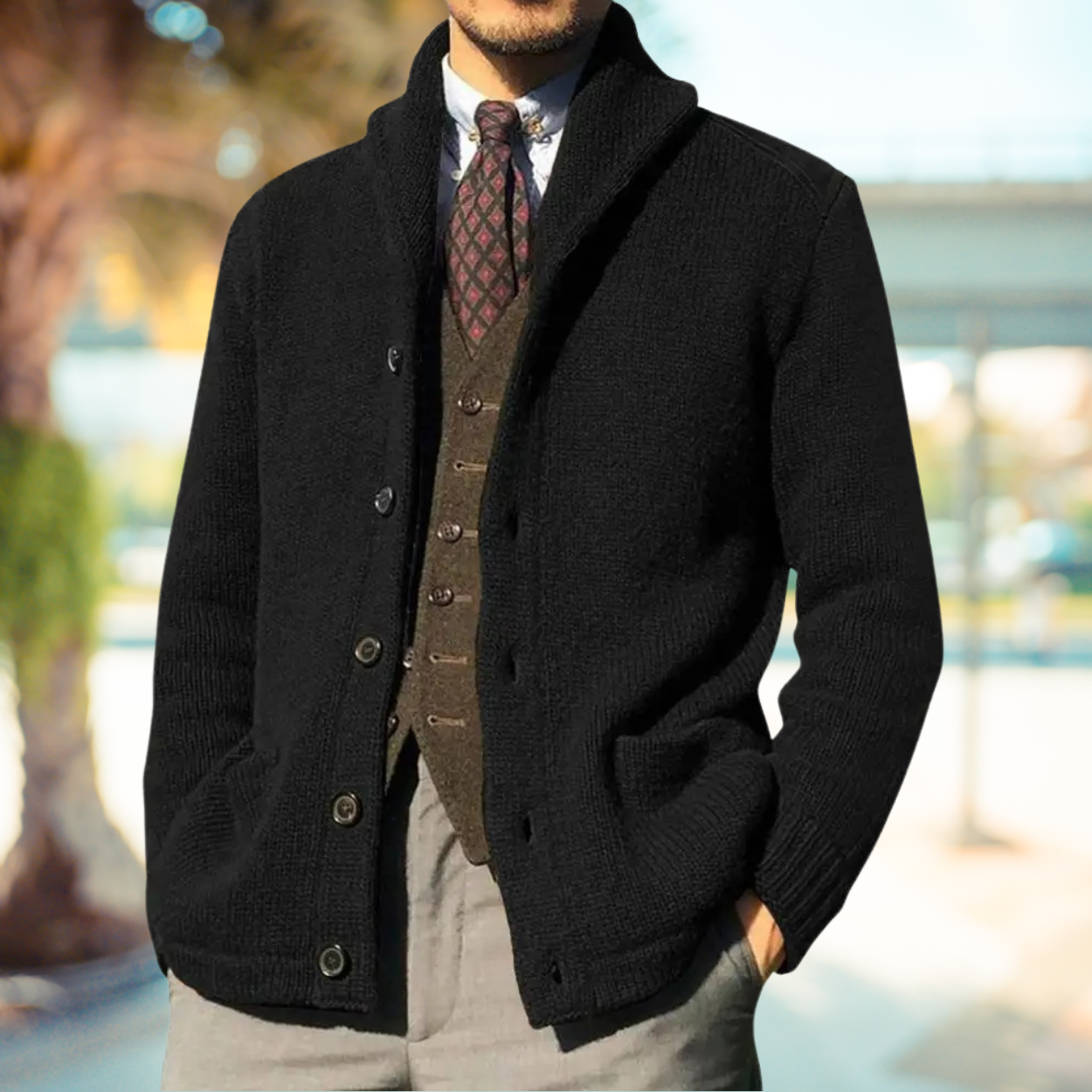 Men's Knit Cardigan With Shawl Collar Button Closure And Pockets For Classic Comfort