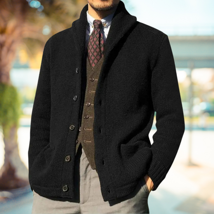 Men's Knit Cardigan With Shawl Collar Button Closure And Pockets For Classic Comfort