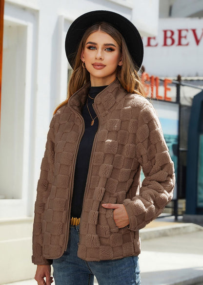 TrendAura Womens Cozy Fleece Zip Front Jacket With High Collar For Winter Warmth Everyday Wear