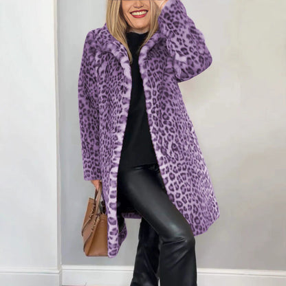 Leopard Print Faux Fur Coat Mid Length Soft Wool Feel Fabric With Spandex For Women Chic Cozy