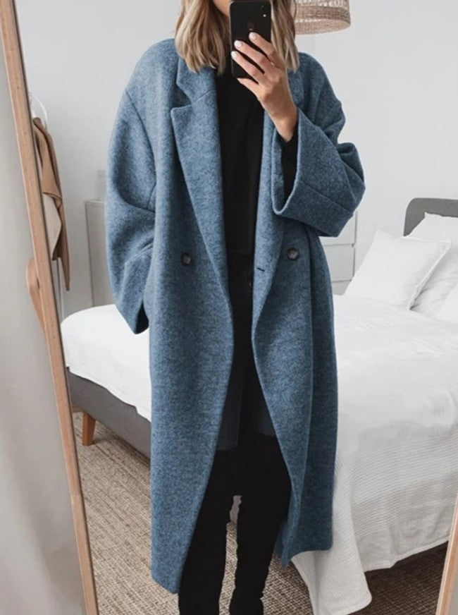 Long Oversize Caramel Coat For Women Minimalist Elegant Double Breasted Outerwear Relaxed Fit