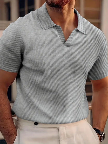 Men's Ribbed Knit Polo Shirt Short Sleeve V Neck Comfortable Stylish Everyday Essential