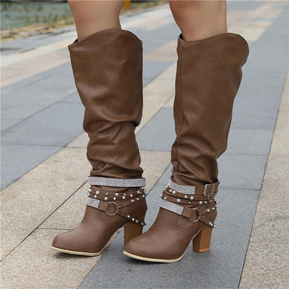 Women's Knee-High Slouchy Boots with Block Heel and Soft Design