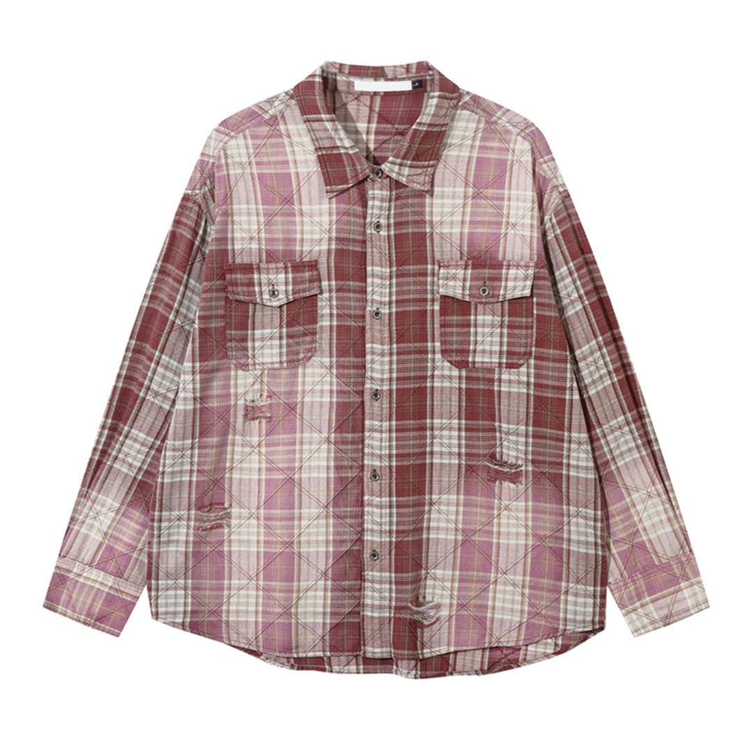 Distressed Frayed Plaid Shirt With Dual Chest Pockets For Men Cotton Regular Fit