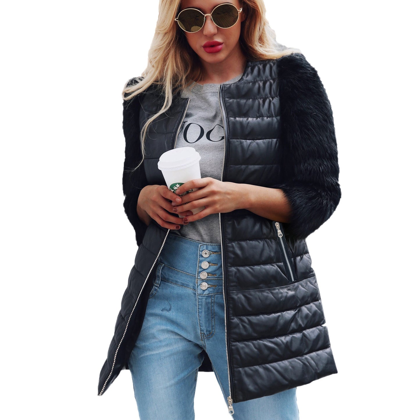 TrendAura Long Faux Leather Coat With Faux Fur Sleeves For Women Warm Chic Winter Jacket