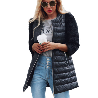 TrendAura Long Faux Leather Coat With Faux Fur Sleeves For Women Warm Chic Winter Jacket