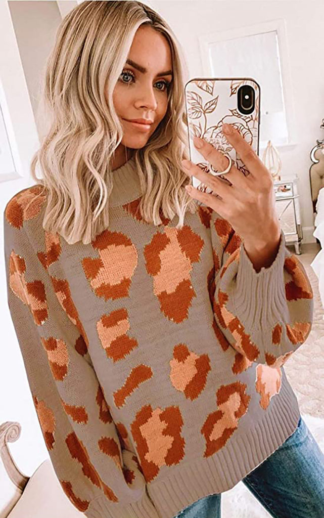 Women’s Sweater – Oversized Fit – Wool Blend Knit – Crew Neck – Leopard Print