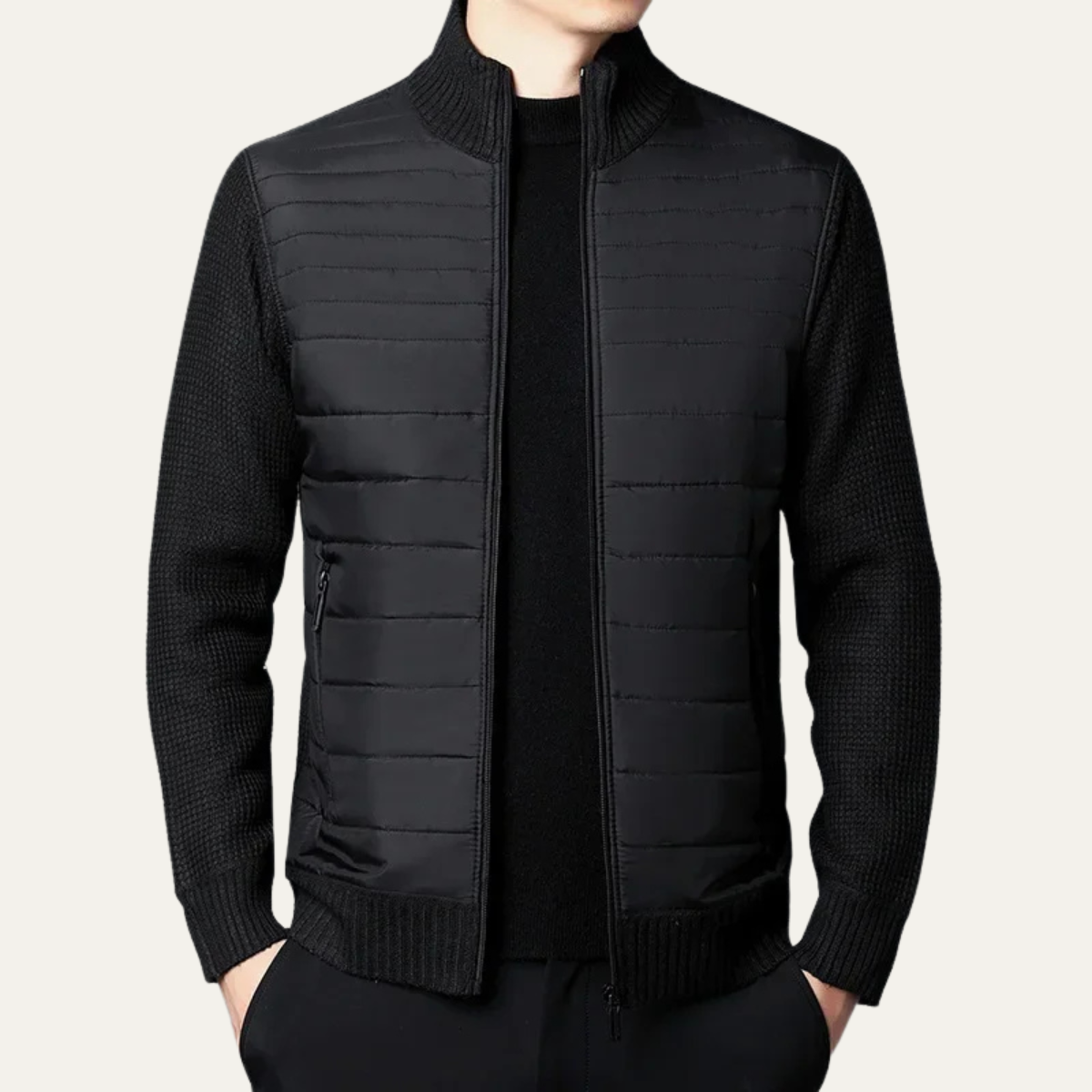 Mens Quilted Zip Up Cardigan With Padded Front And Knitted Sleeves For Versatile Everyday Wear