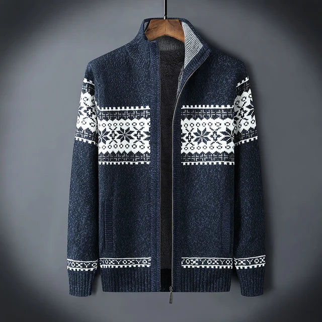 TrendAura Men's Wool Full Zip Sherpa Cardigan With Fair Isle Jacquard Cozy Stand Up Collar