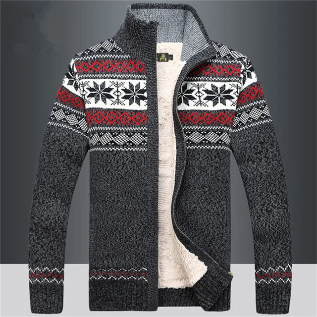 TrendAura Men's Wool Full Zip Sherpa Cardigan With Fair Isle Jacquard Cozy Stand Up Collar