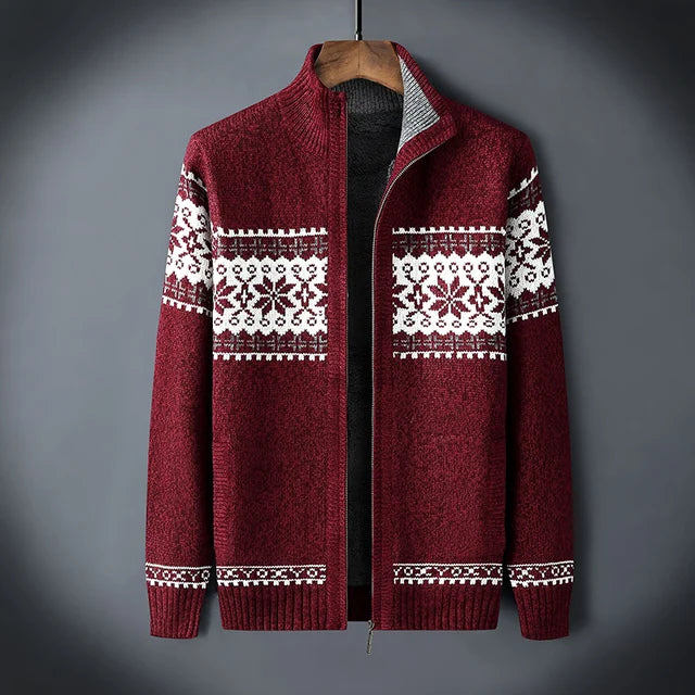 TrendAura Men's Wool Full Zip Sherpa Cardigan With Fair Isle Jacquard Cozy Stand Up Collar