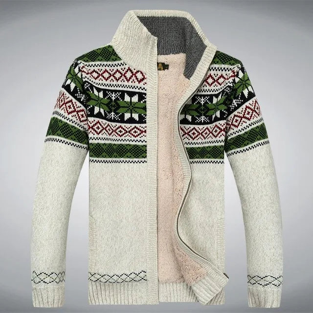 TrendAura Men's Wool Full Zip Sherpa Cardigan With Fair Isle Jacquard Cozy Stand Up Collar