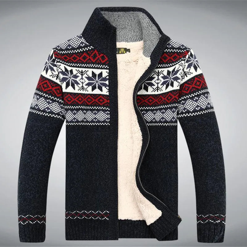 TrendAura Men's Wool Full Zip Sherpa Cardigan With Fair Isle Jacquard Cozy Stand Up Collar