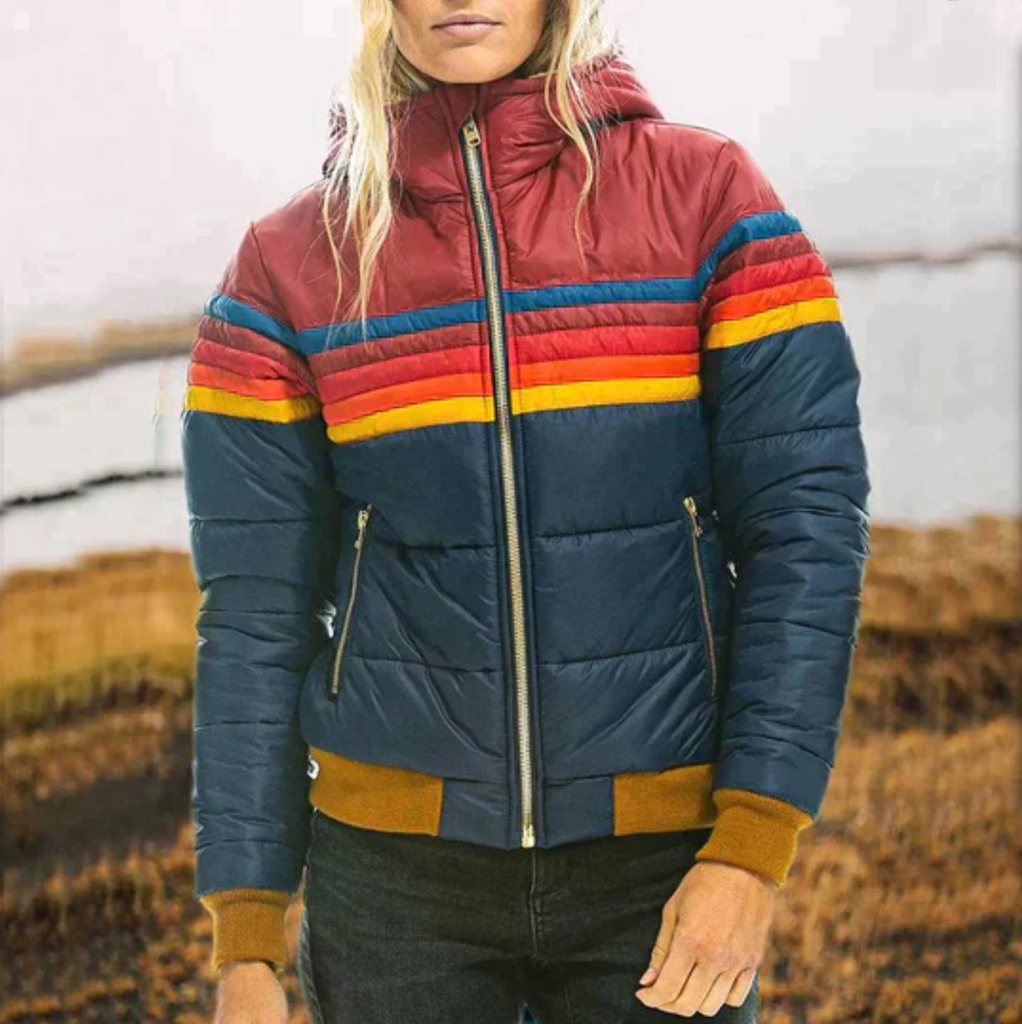 Women's Winter Puffer Jacket | With Retro Stripes