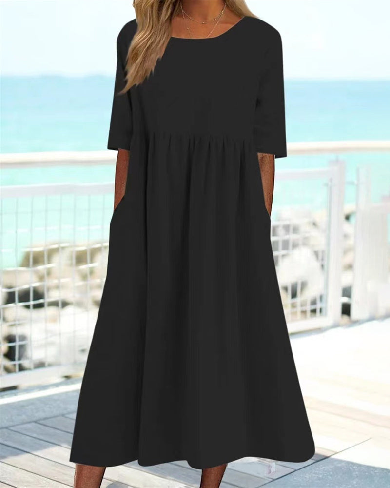 Women's Midi Dress - Relaxed Fit - Round Neck - A-line Silhouette with Pockets
