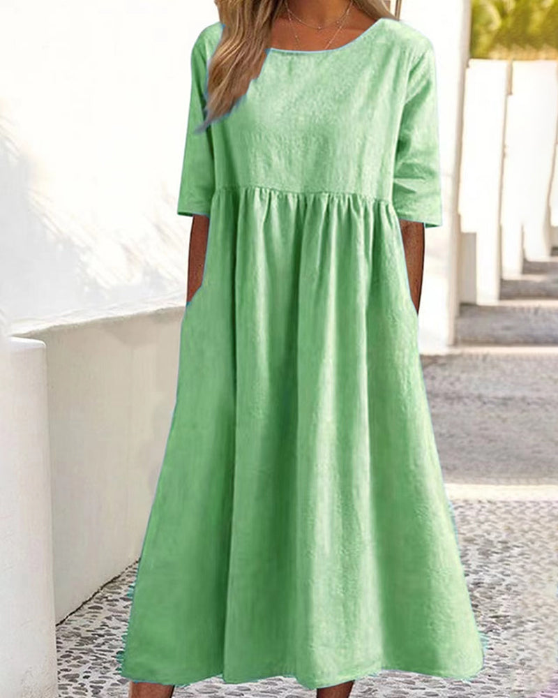 Women's Midi Dress - Relaxed Fit - Round Neck - A-line Silhouette with Pockets