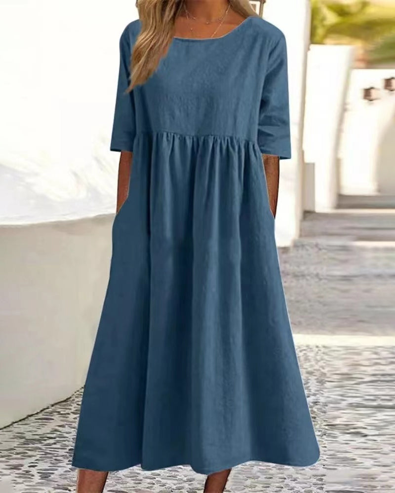 Women's Midi Dress - Relaxed Fit - Round Neck - A-line Silhouette with Pockets