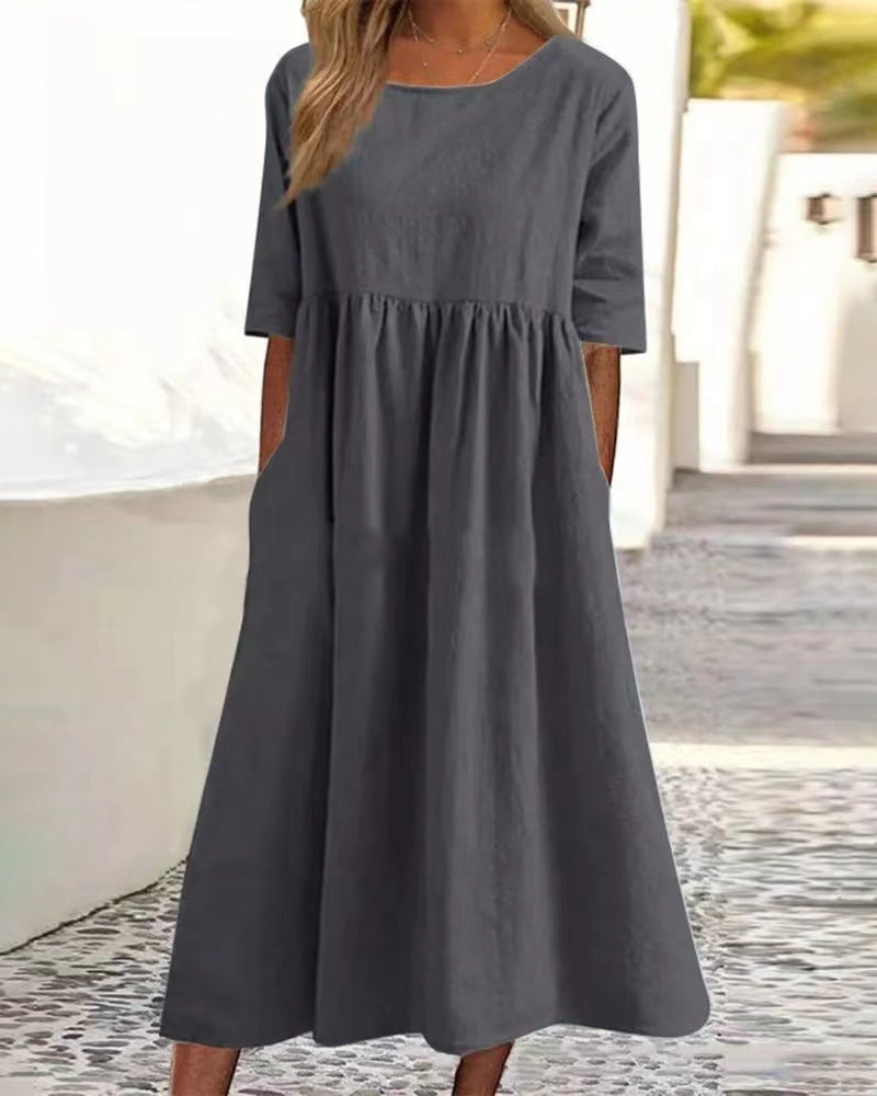 Women's Midi Dress - Relaxed Fit - Round Neck - A-line Silhouette with Pockets